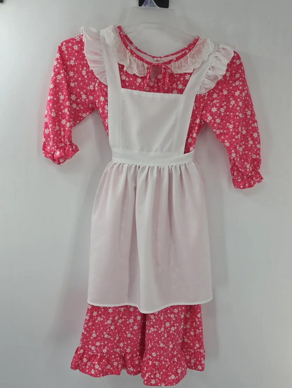 Girls' Pink Floral Pioneer Costume with White Apron and Bonnet